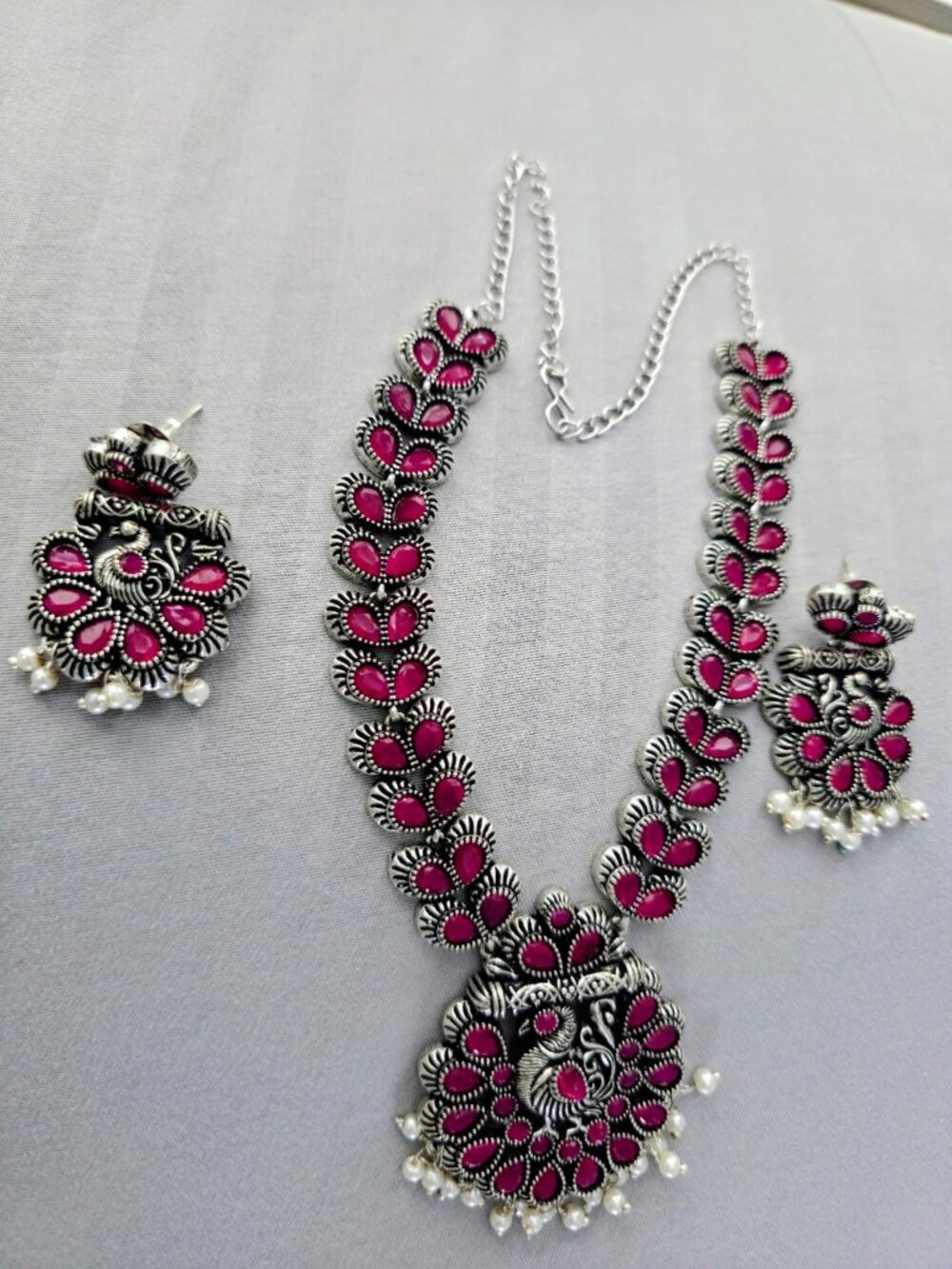 Oxidized Silver Peacock Necklace & Earring Set Pink Stone Pearl Indian